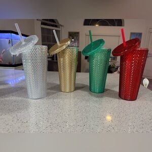 Set of Four Studded Tumblers with Lids and Straws